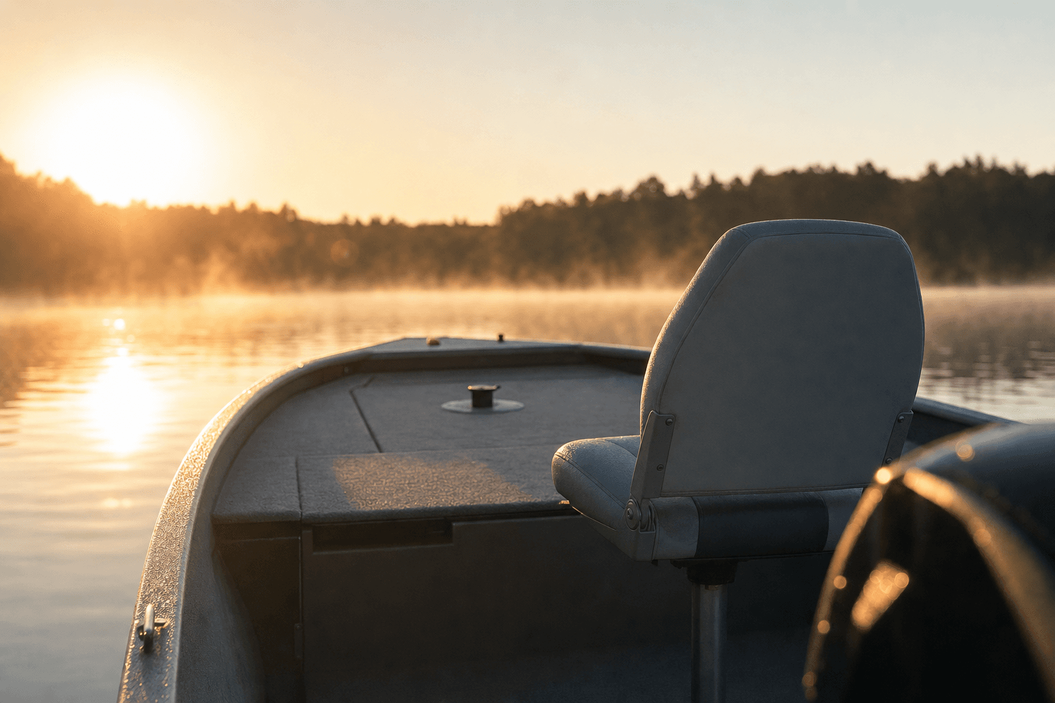 Empty grey high-back boat seat on a swivel pedestal at the helm of a small fishing boat at dawn on calm water.