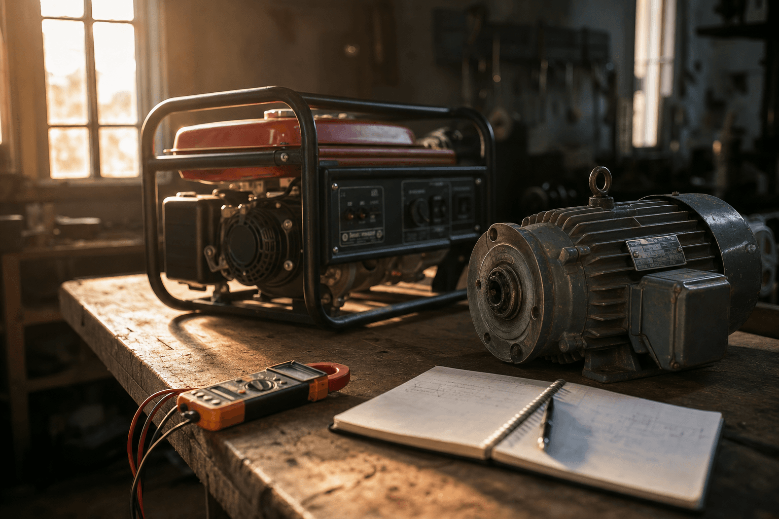 A portable generator and an electric pump motor on a workshop bench with data plates visible in warm afternoon light