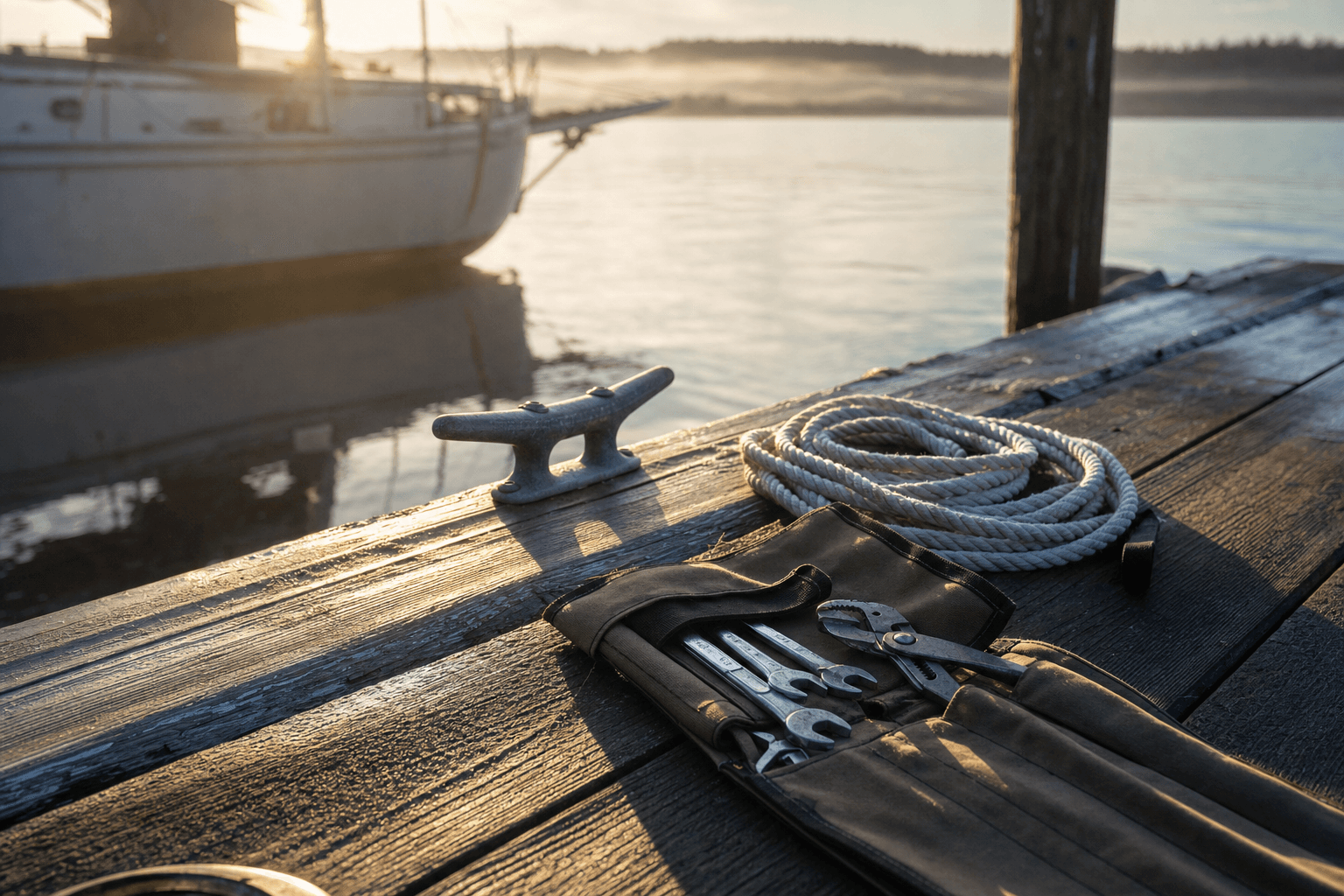Coiled dock line, a galvanised dock cleat and an open canvas tool roll on wet dock planks at dawn