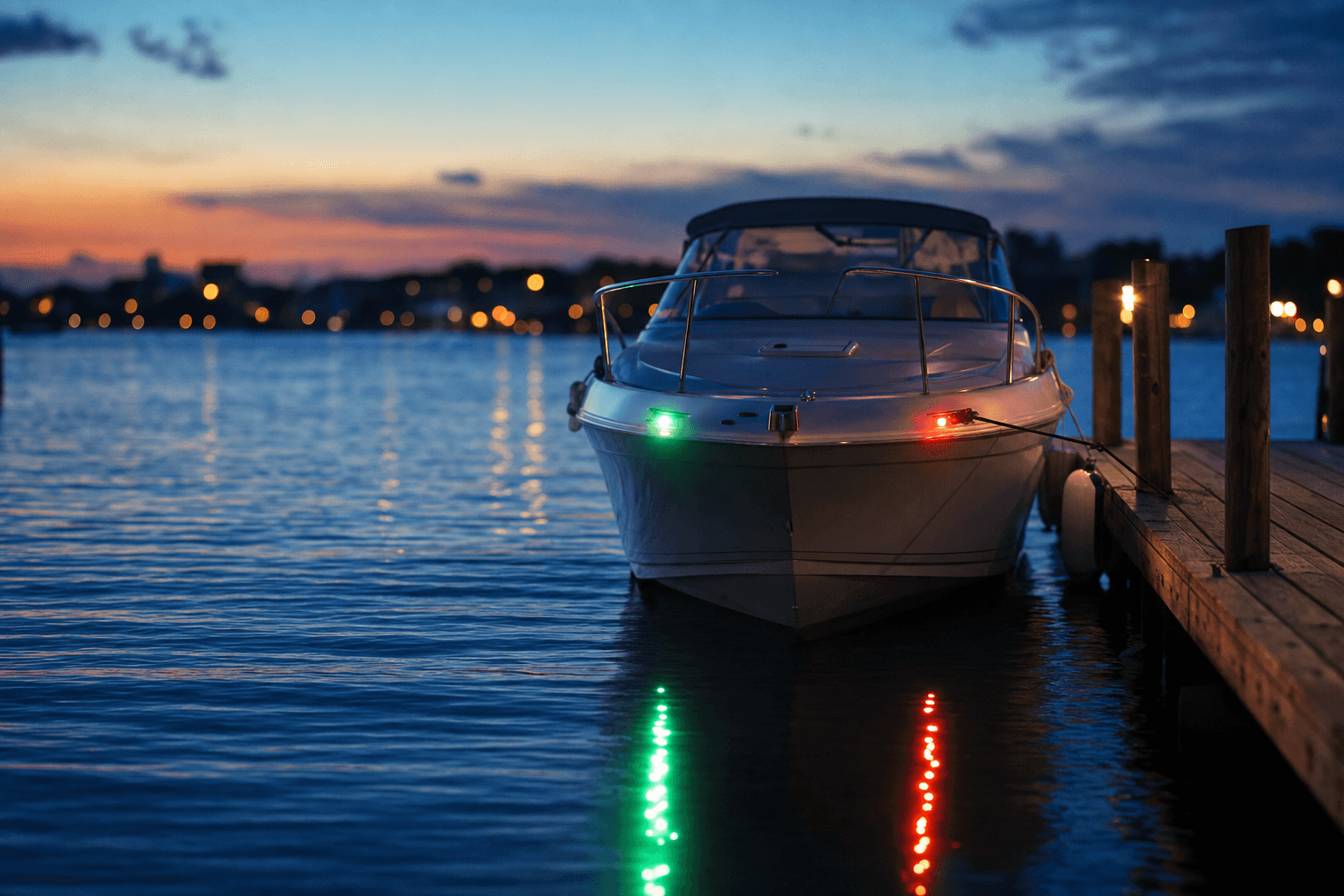Moored boat at dusk with red port and green starboard bow lights glowing and reflecting on calm harbour water.